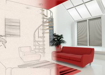 3D render of a contemporary interior with half in sketch phase