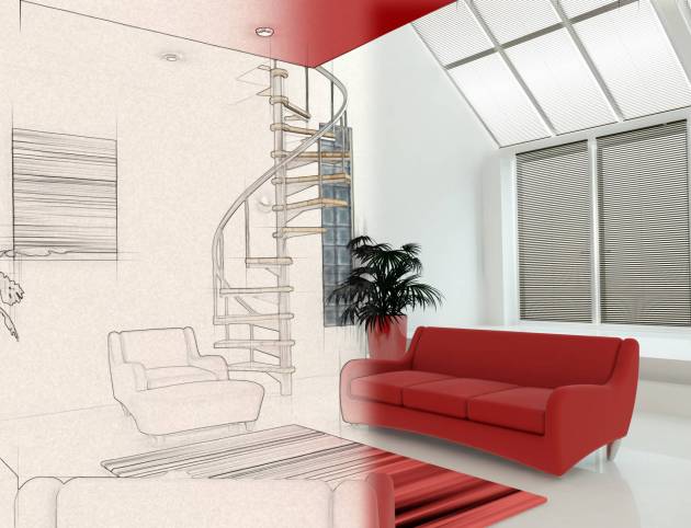 3D render of a contemporary interior with half in sketch phase
